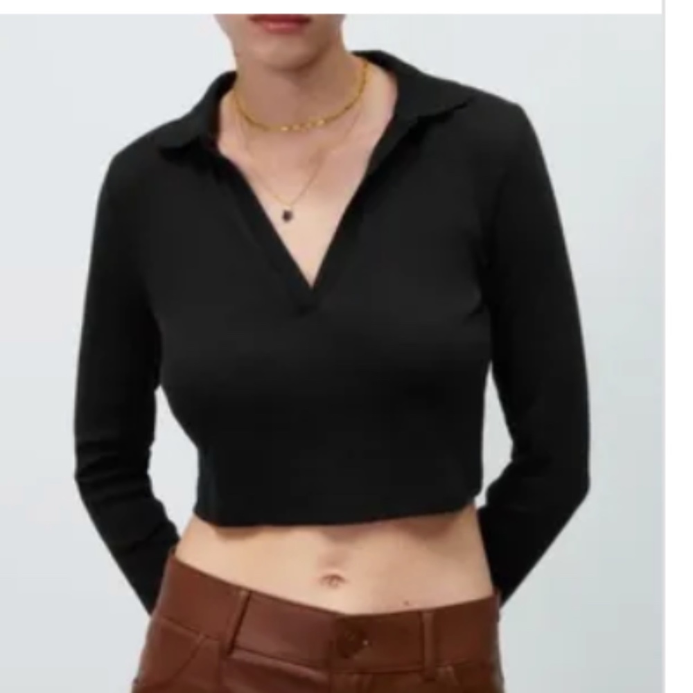 Zara Black Crop Long Sleeve Ribbed Collar Top